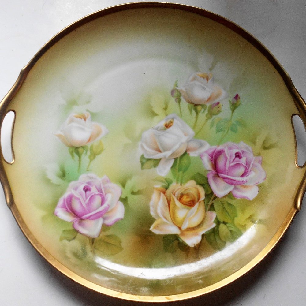 RS Germany 10 1/2" Cake Plate 2 Handled Hand Painted White, Pink & Yellow Roses